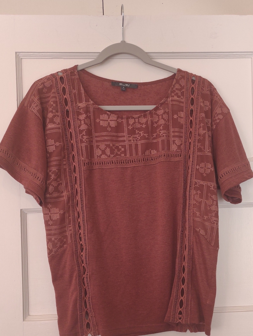 Miss Me Rust Short Sleeve Knit Top with Lace-Trim Panels